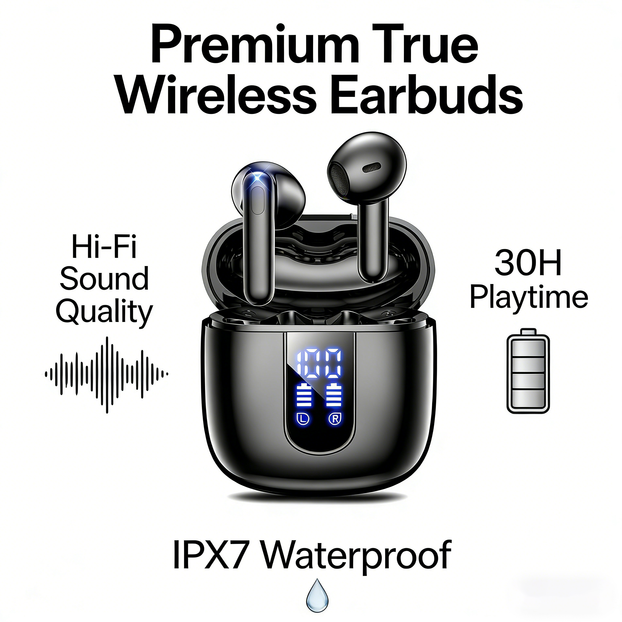 Wireless Bluetooth Earbuds with LED Display, Semi In-Ear Headphones, Long Battery Life, HiFi Sound, Noise Reduction, Sport Running Earphones