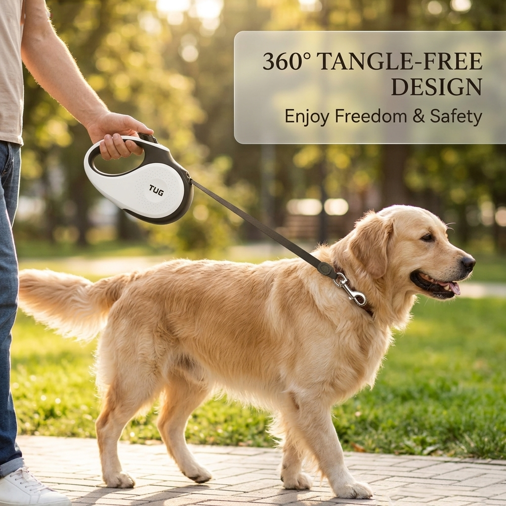 TUG 360° Tangle-Free Retractable Dog Leash with Anti-Slip Handle | 16 ft Strong Nylon Tape | One-Handed Brake, Pause, Lock