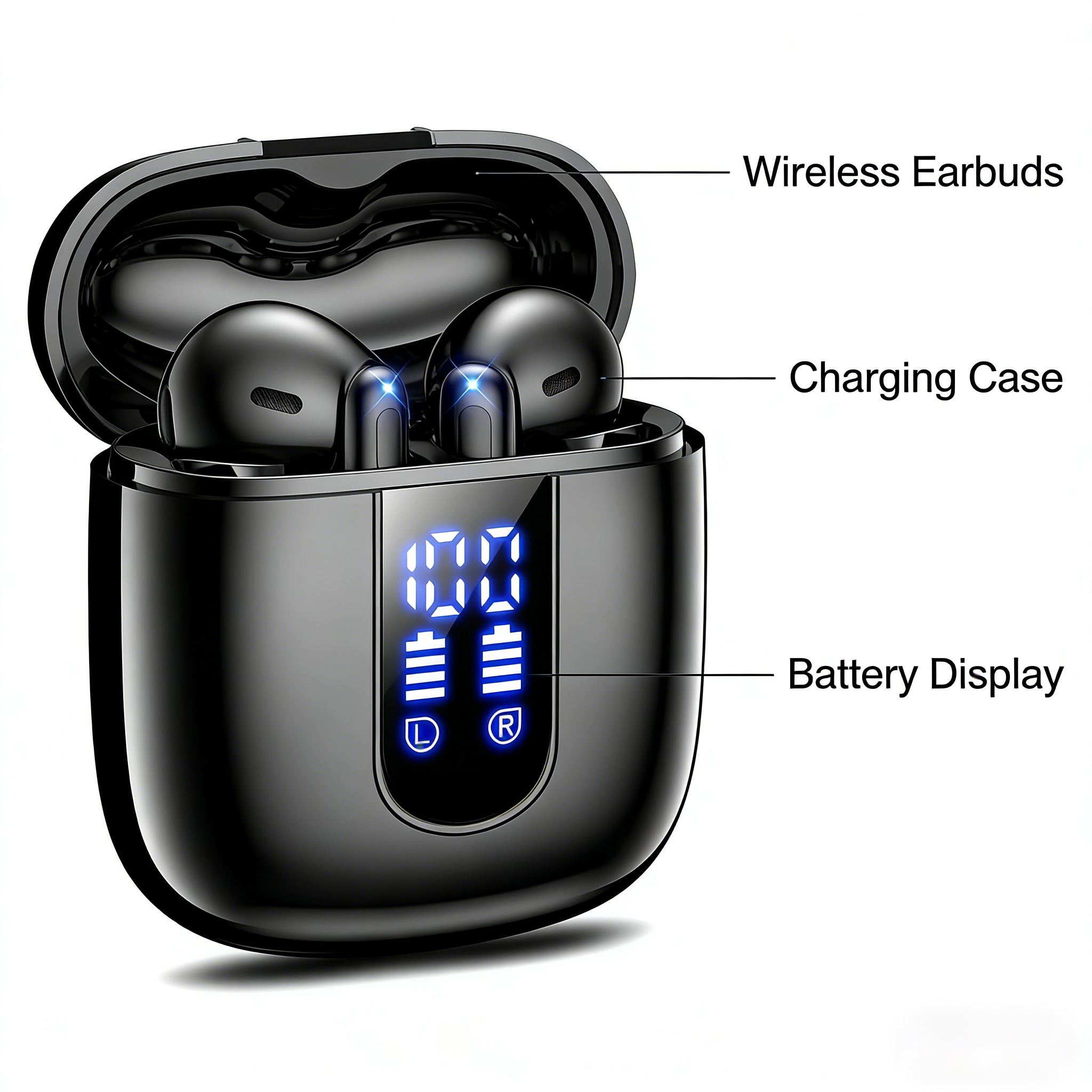 Wireless Bluetooth Earbuds with LED Display, Semi In-Ear Headphones, Long Battery Life, HiFi Sound, Noise Reduction, Sport Running Earphones