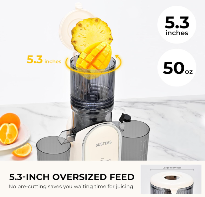 SUSTEAS Cold Press Juicer, 5.3" Feed Chute Slow Masticating Machines with 300W, Fit Whole Fruits & Vegetables, High Juice Yield, Easy to Clean