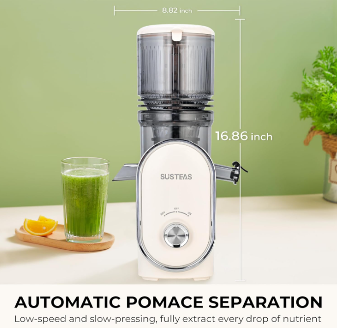 SUSTEAS Cold Press Juicer, 5.3" Feed Chute Slow Masticating Machines with 300W, Fit Whole Fruits & Vegetables, High Juice Yield, Easy to Clean