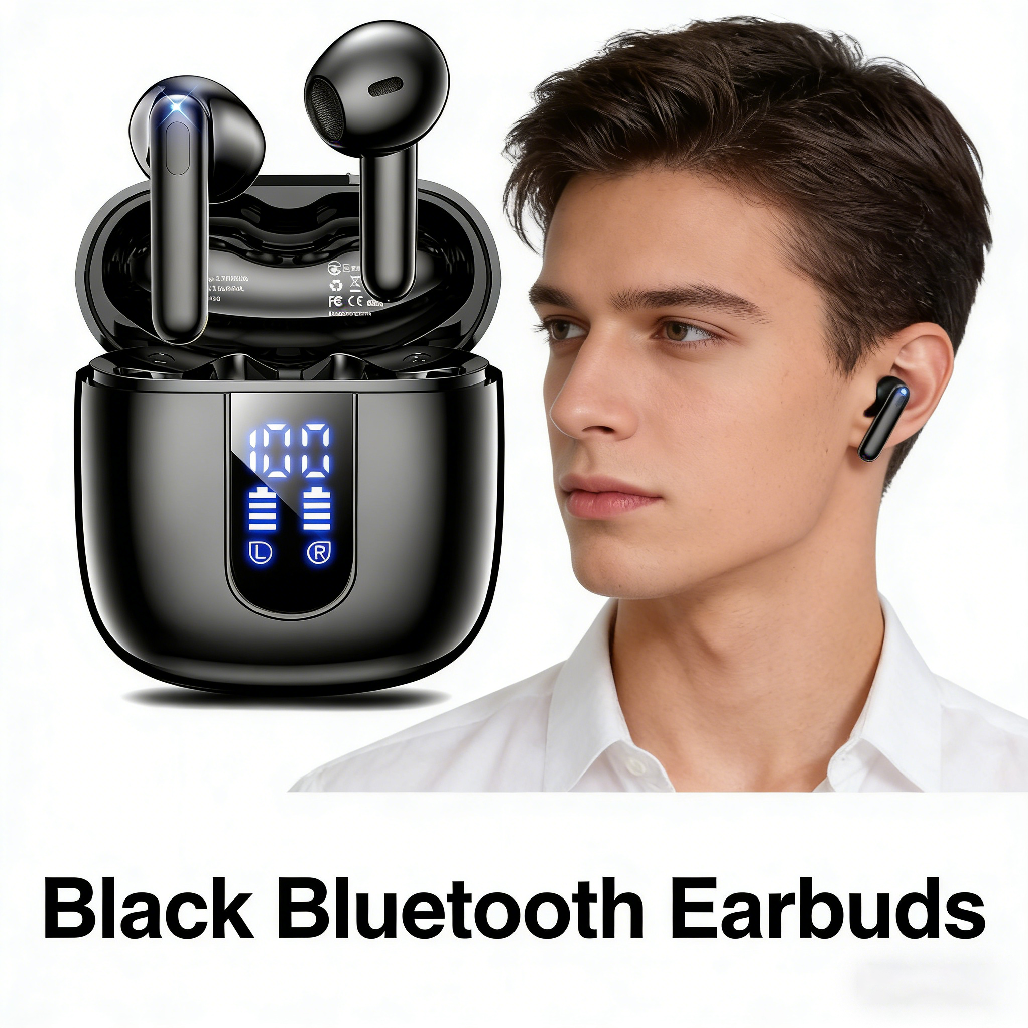 Wireless Bluetooth Earbuds with LED Display, Semi In-Ear Headphones, Long Battery Life, HiFi Sound, Noise Reduction, Sport Running Earphones