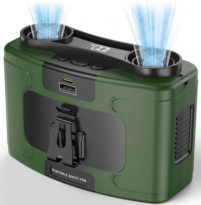 20000mAh Portable Waist Fan, Personal Fan Clip on with Rechargeable Battery operated, 40H Cooling,10 Speeds,16000RPM Hands-Free Belt Neck Fan for Outdoor Jobsite Gardening Camping Travel