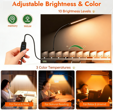 Clamp Lamp for Desk, Eye-Caring LED Clip Light, 27"Tall Flexible Arm, 3 Color Modes 10 Brightness, USB-Powered Task Lamp for Home Office Reading, Crafting, Sewing,5V/2A Adapter Included 