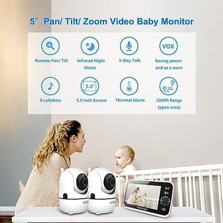 HelloBaby HB6550 Baby Monitor — 5" Screen, 30-Hour Battery, Pan-Tilt-Zoom, Night Vision, 2-Way Talk, 1000ft