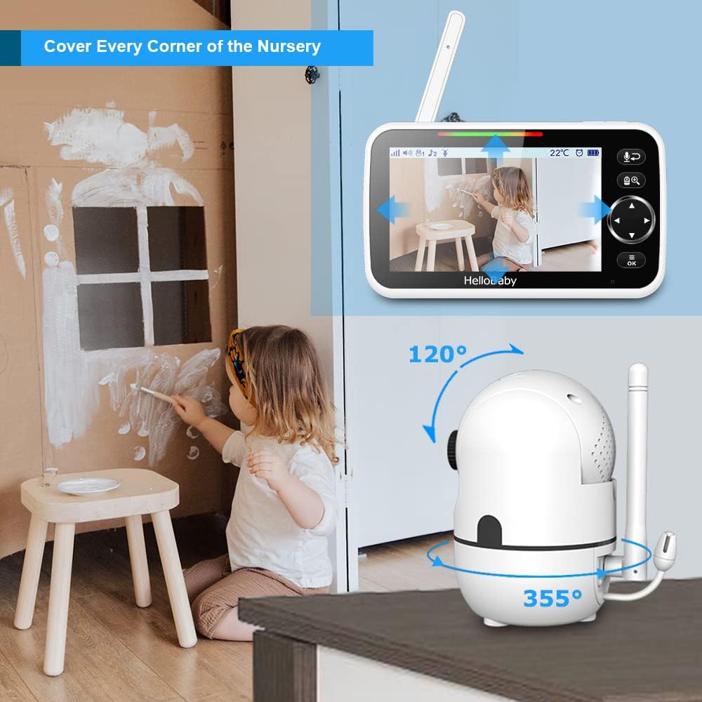 HelloBaby HB6550 Baby Monitor — 5" Screen, 30-Hour Battery, Pan-Tilt-Zoom, Night Vision, 2-Way Talk, 1000ft