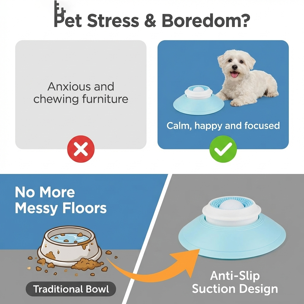 Licky Planet™ Suction Cup Dog Lick Mat – Anti-Slip Interactive Slow Feeder with Rotating Massage Ball, Food-Grade Silicone Calming Toy for Small & Medium Dogs