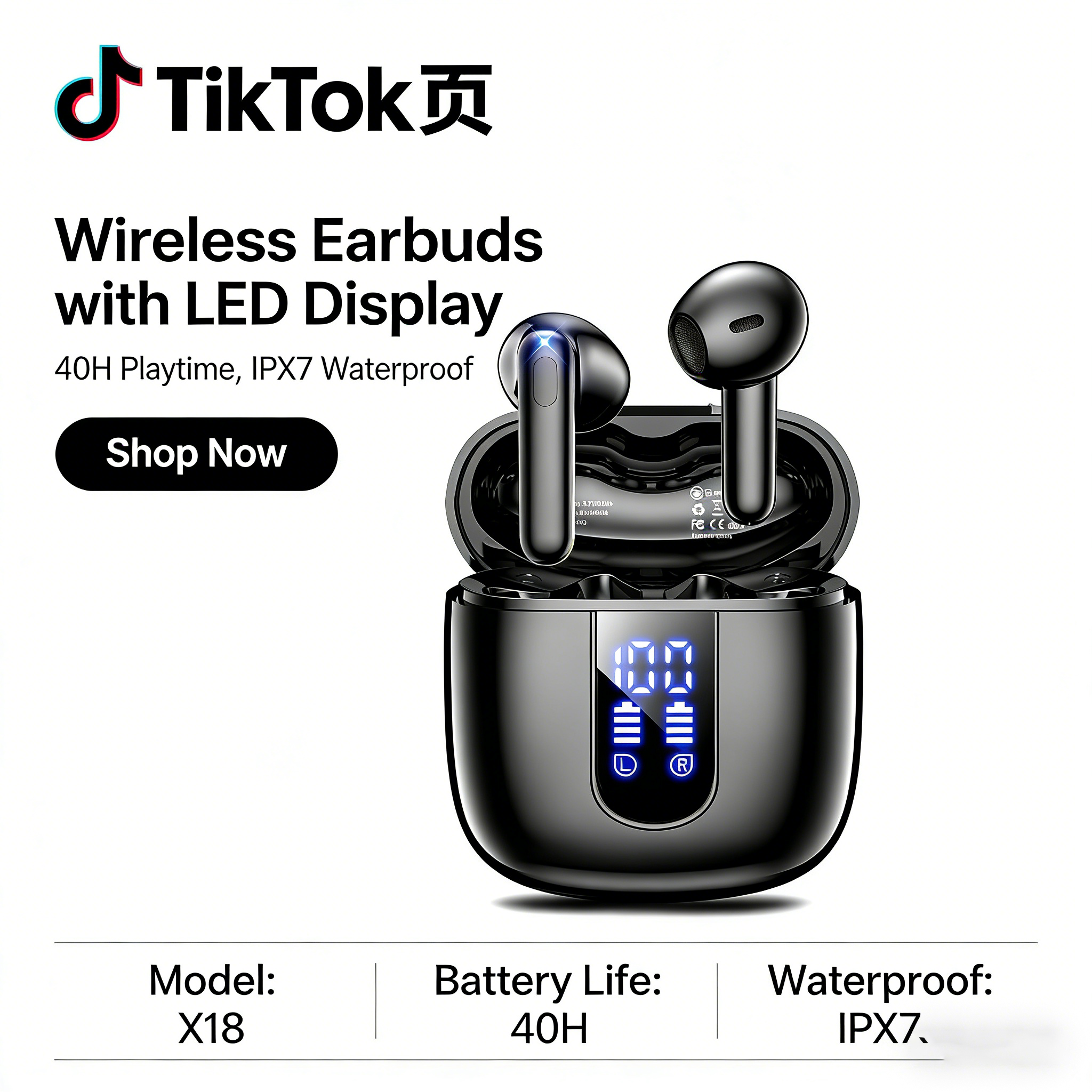 Wireless Bluetooth Earbuds with LED Display, Semi In-Ear Headphones, Long Battery Life, HiFi Sound, Noise Reduction, Sport Running Earphones