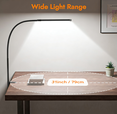 Clamp Lamp for Desk, Eye-Caring LED Clip Light, 27"Tall Flexible Arm, 3 Color Modes 10 Brightness, USB-Powered Task Lamp for Home Office Reading, Crafting, Sewing,5V/2A Adapter Included 