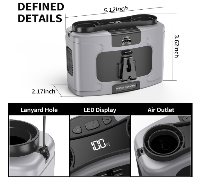 20000mAh Portable Waist Fan, Personal Fan Clip on with Rechargeable Battery operated, 40H Cooling,10 Speeds,16000RPM Hands-Free Belt Neck Fan for Outdoor Jobsite Gardening Camping Travel 