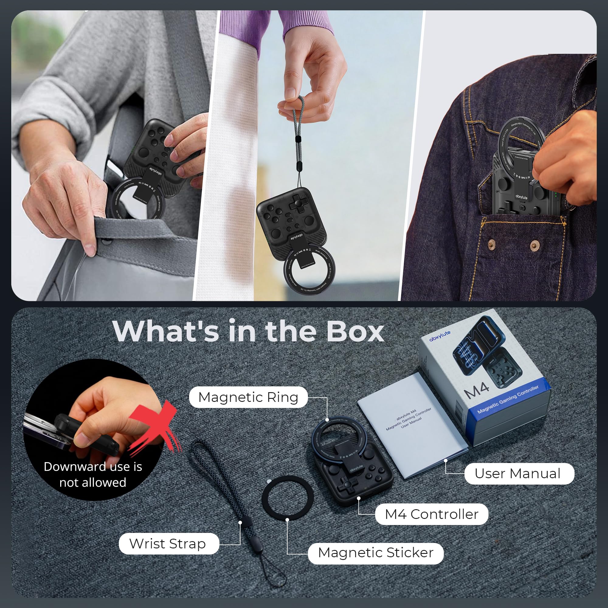 M4 Magnetic Snap-On Mobile Gaming Controller | Portable Bluetooth Gamepad for Android, iPhone, Switch, Dual Joystick Turbo with Stand, Black Translucent