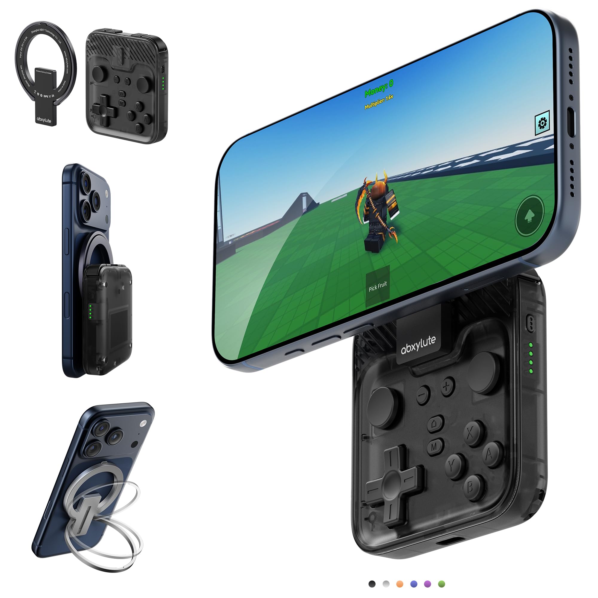 M4 Magnetic Snap-On Mobile Gaming Controller | Portable Bluetooth Gamepad for Android, iPhone, Switch, Dual Joystick Turbo with Stand, Black Translucent