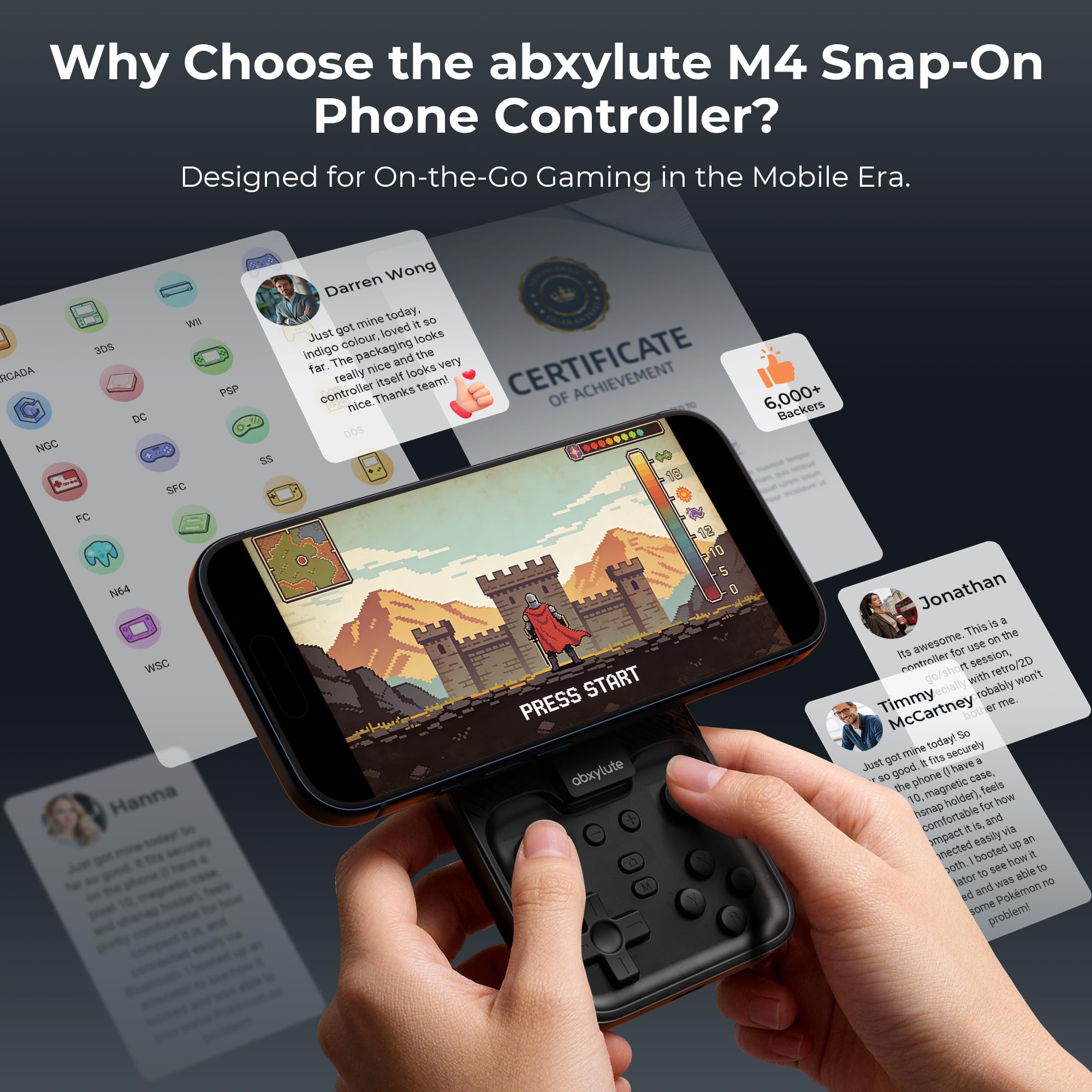 M4 Magnetic Snap-On Mobile Gaming Controller | Portable Bluetooth Gamepad for Android, iPhone, Switch, Dual Joystick Turbo with Stand, Black Translucent