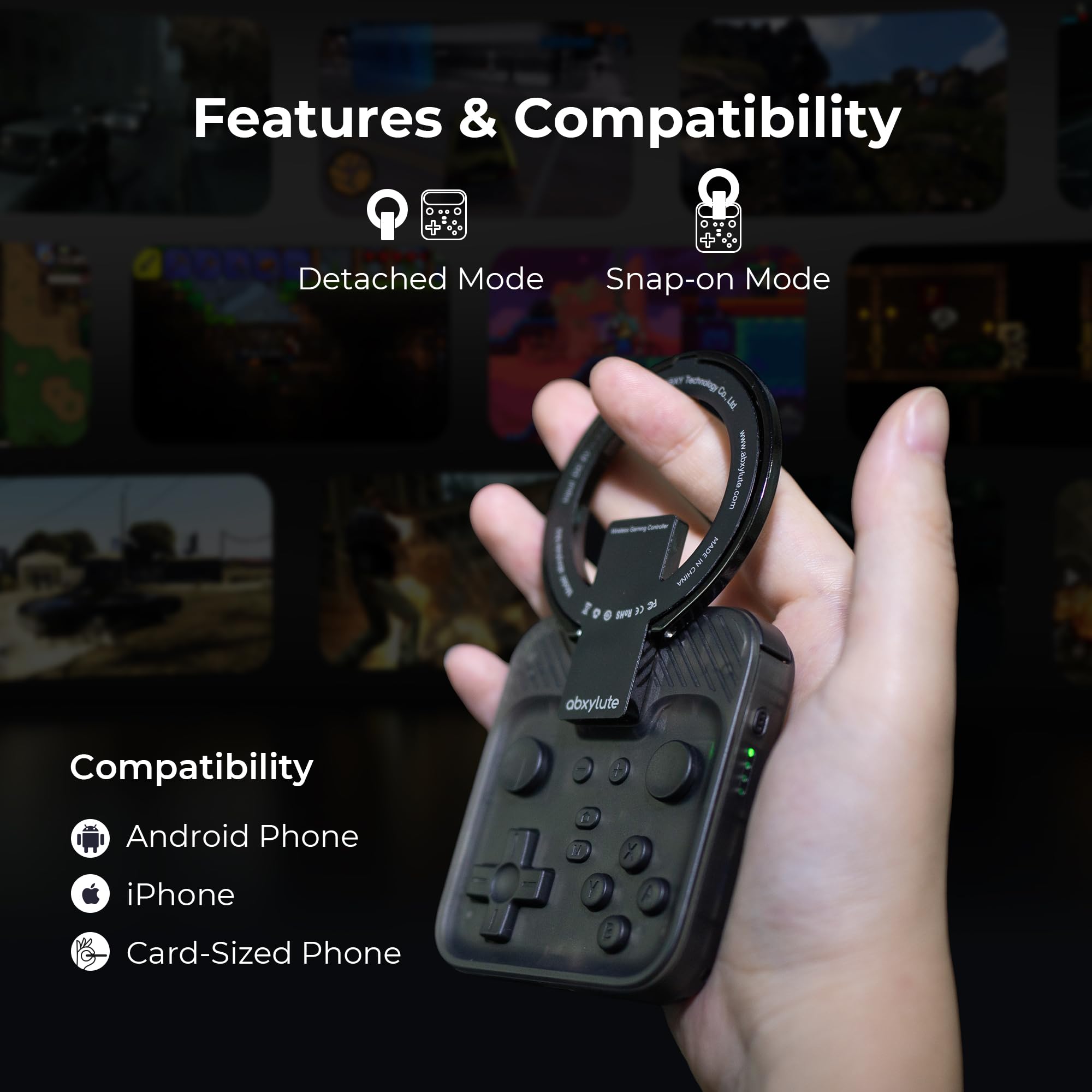 M4 Magnetic Snap-On Mobile Gaming Controller | Portable Bluetooth Gamepad for Android, iPhone, Switch, Dual Joystick Turbo with Stand, Black Translucent