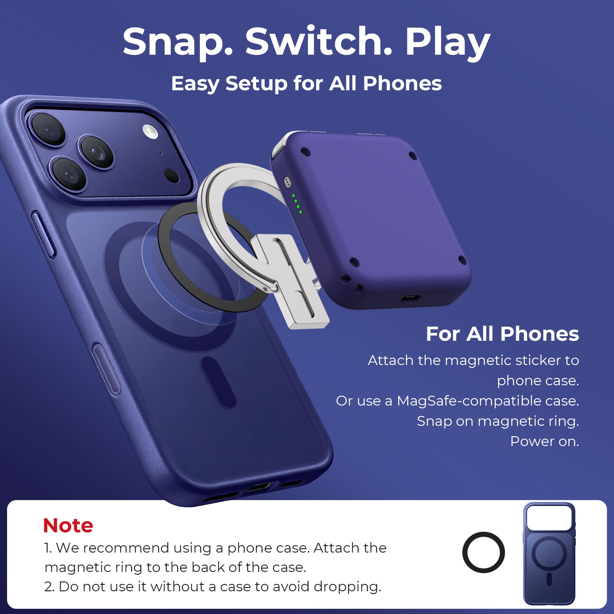 M4 Magnetic Snap-On Mobile Gaming Controller | Portable Bluetooth Gamepad for Android, iPhone, Switch, Dual Joystick Turbo with Stand, Black Translucent