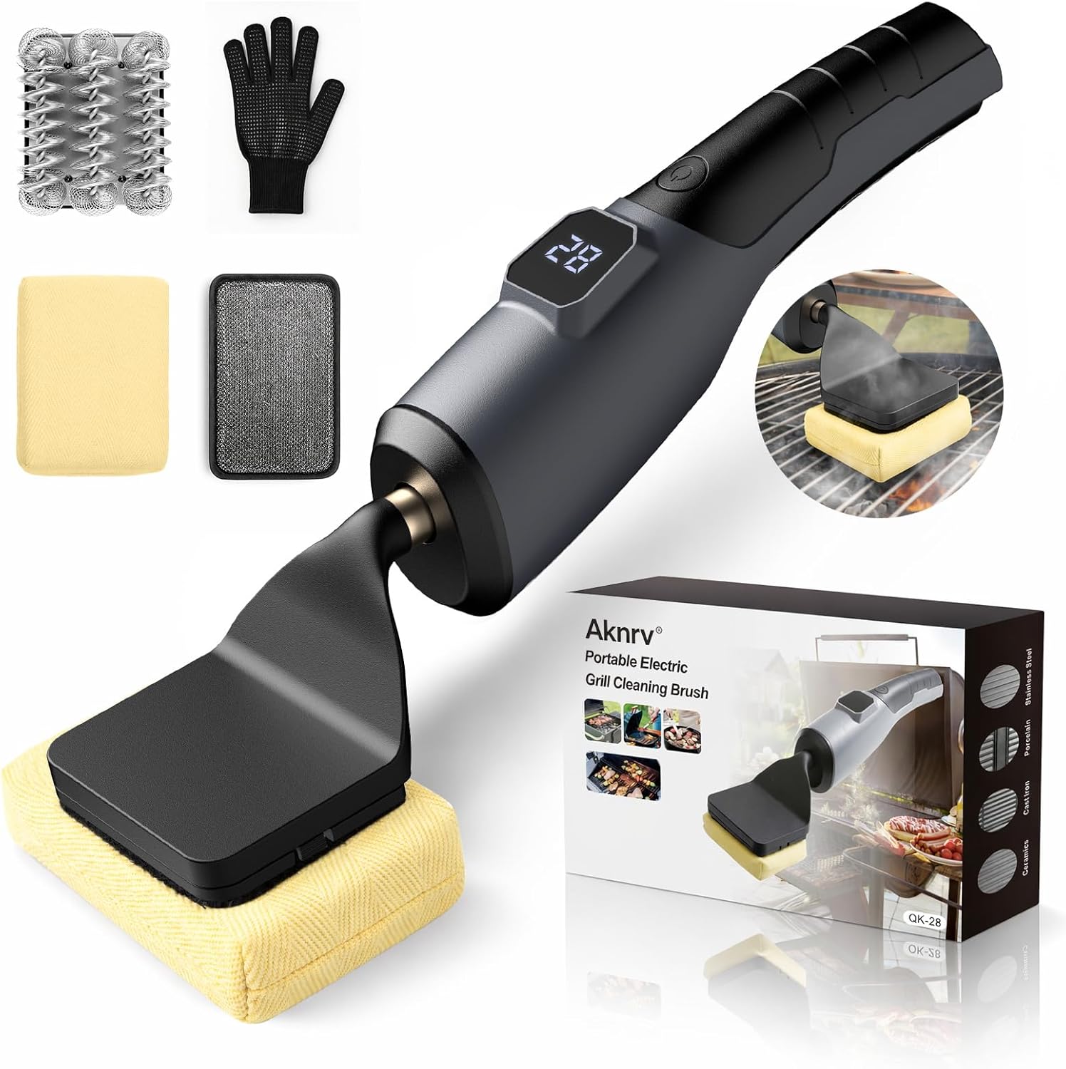 Rechargeable Cordless Electric Grill Brush with 3 Replaceable Heads, Powerful Automatic BBQ Cleaning Tool for Outdoor Grills, Gray