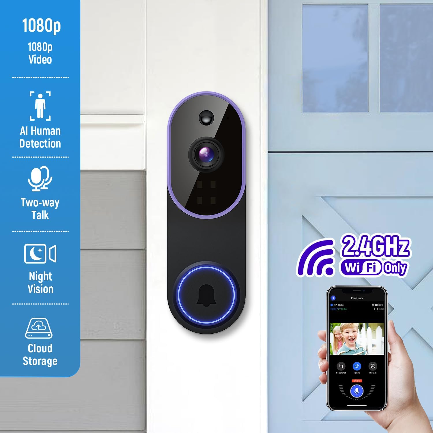 Smart Wireless Video Doorbell Camera, AI Human Detection Night Vision Doorbell, Battery Powered with Cloud Storage for Indoor Outdoor Home Security