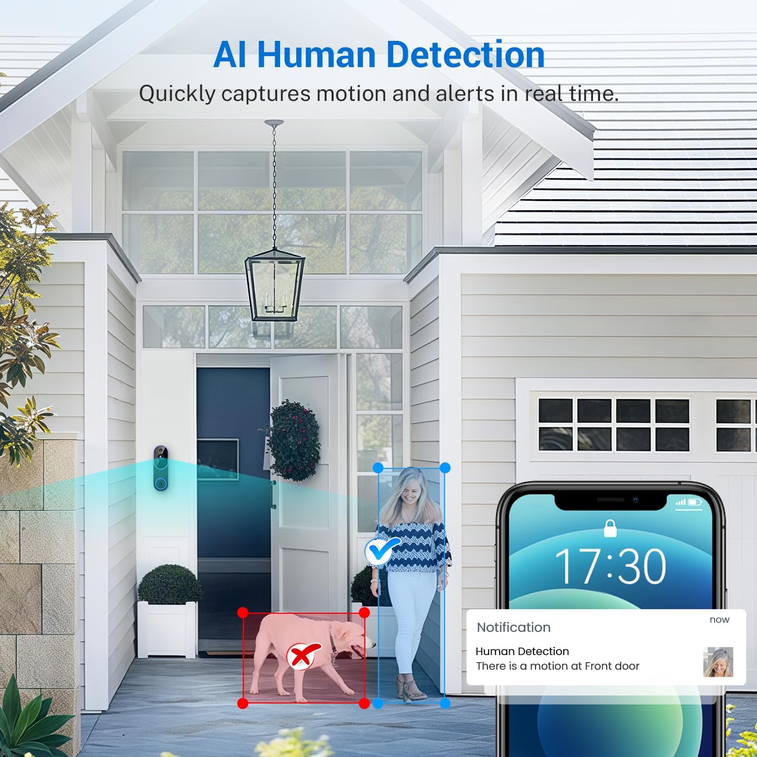 Smart Wireless Video Doorbell Camera, AI Human Detection Night Vision Doorbell, Battery Powered with Cloud Storage for Indoor Outdoor Home Security