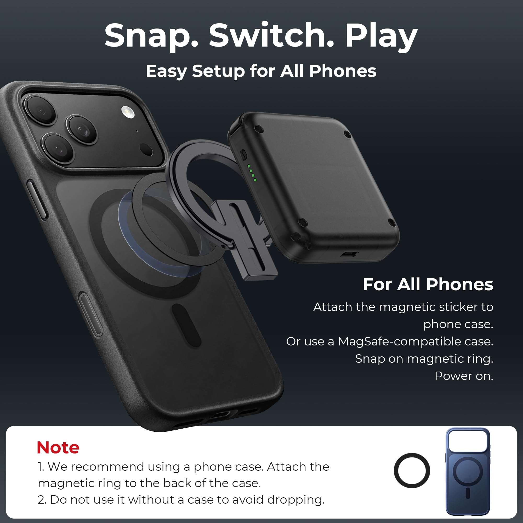 M4 Magnetic Snap-On Mobile Gaming Controller | Portable Bluetooth Gamepad for Android, iPhone, Switch, Dual Joystick Turbo with Stand, Black Translucent