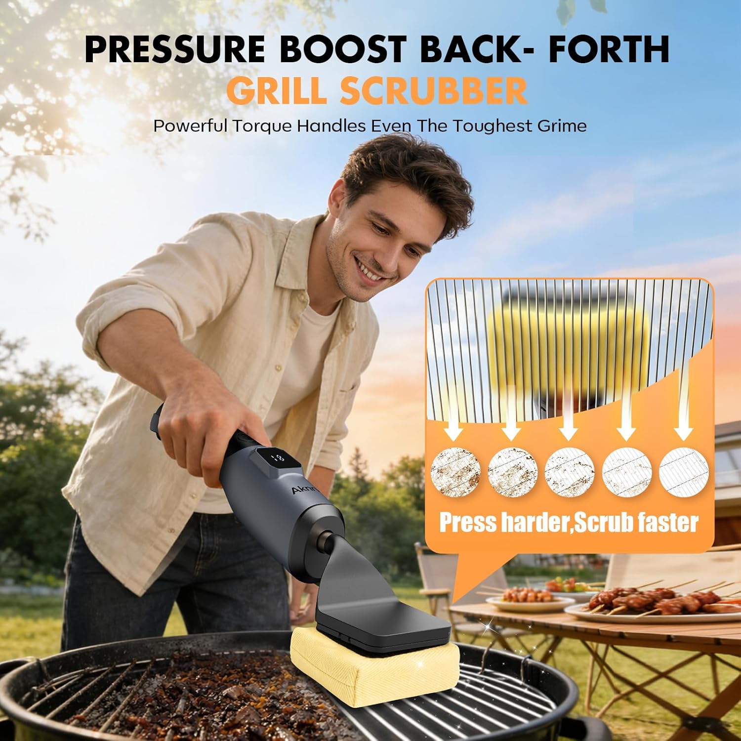 Rechargeable Cordless Electric Grill Brush with 3 Replaceable Heads, Powerful Automatic BBQ Cleaning Tool for Outdoor Grills, Gray