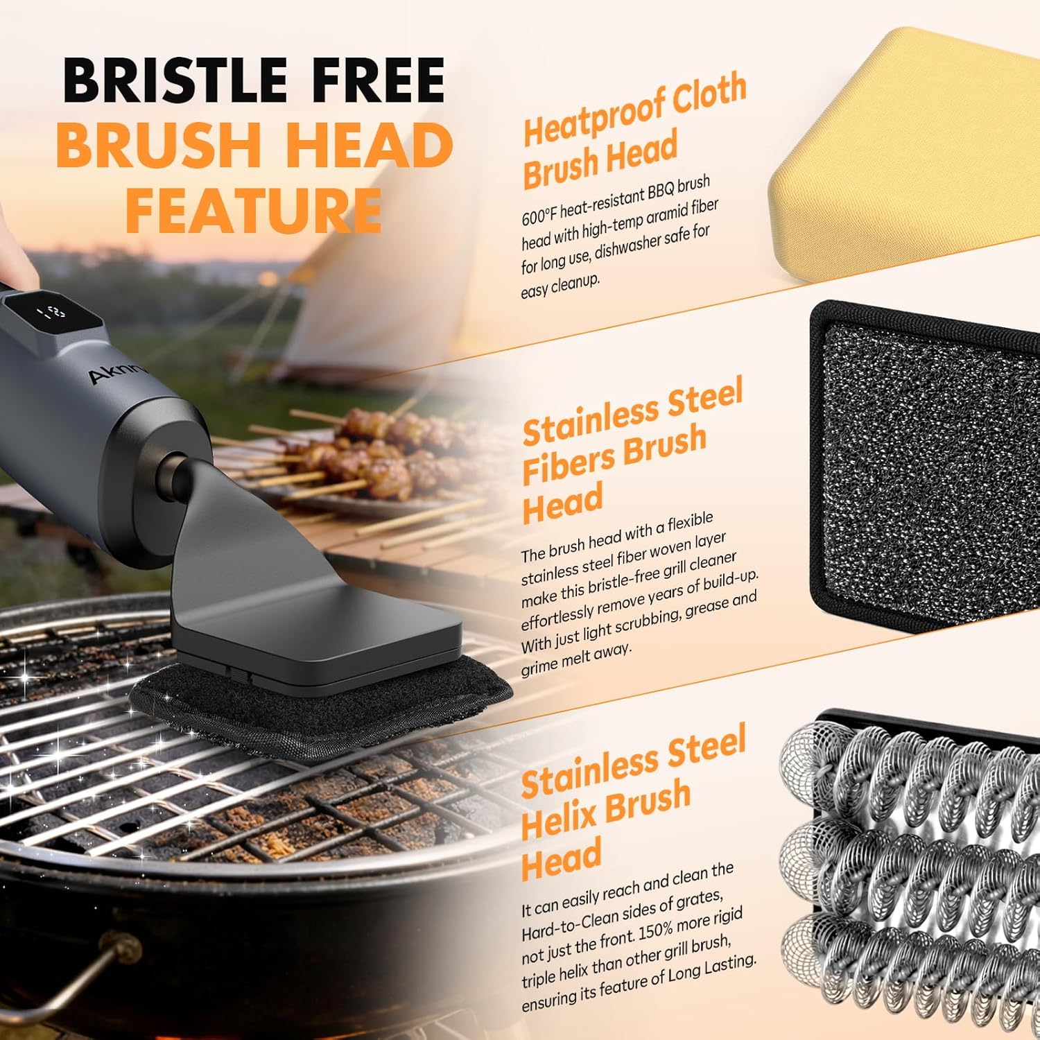 Rechargeable Cordless Electric Grill Brush with 3 Replaceable Heads, Powerful Automatic BBQ Cleaning Tool for Outdoor Grills, Gray