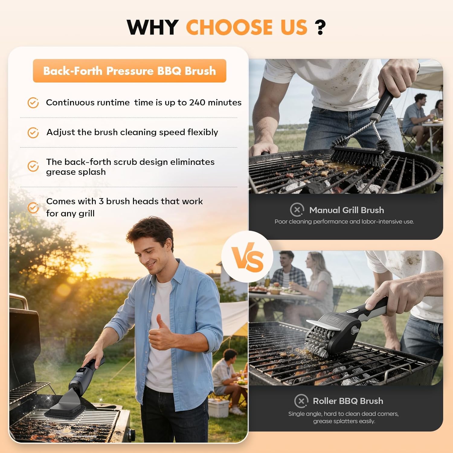 Rechargeable Cordless Electric Grill Brush with 3 Replaceable Heads, Powerful Automatic BBQ Cleaning Tool for Outdoor Grills, Gray