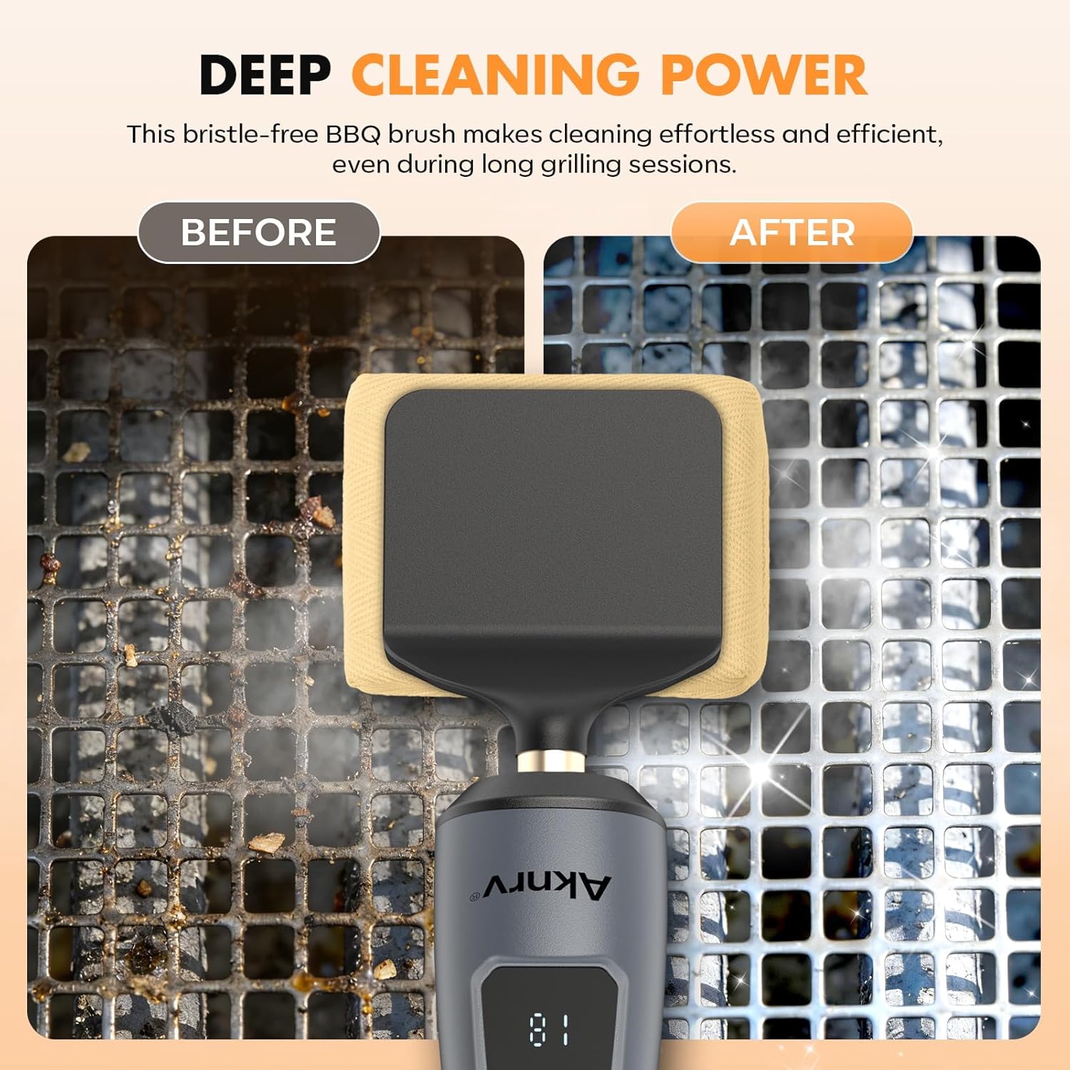 Rechargeable Cordless Electric Grill Brush with 3 Replaceable Heads, Powerful Automatic BBQ Cleaning Tool for Outdoor Grills, Gray