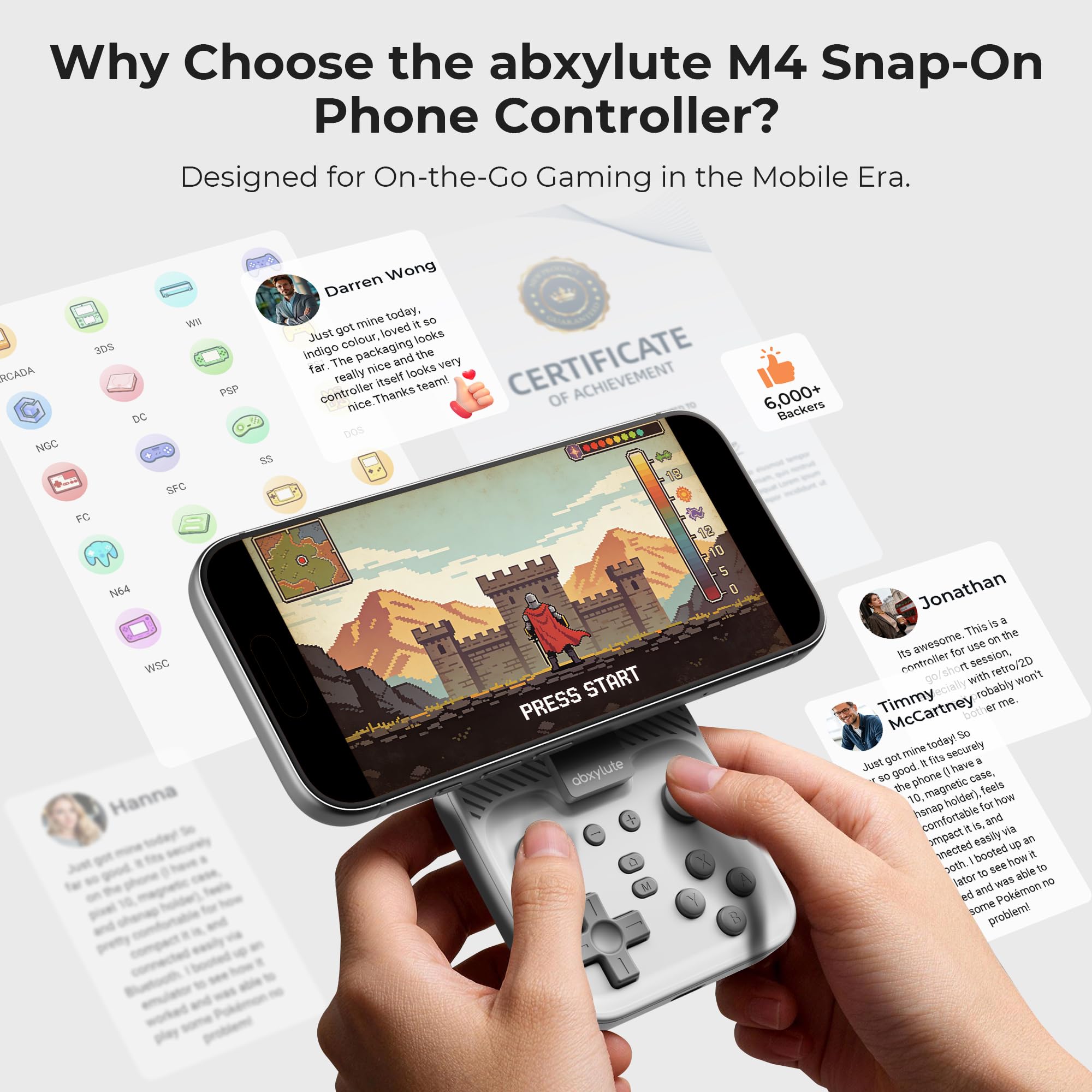 M4 Magnetic Snap-On Mobile Gaming Controller | Portable Bluetooth Gamepad for Android, iPhone, Switch, Dual Joystick Turbo with Stand, Black Translucent