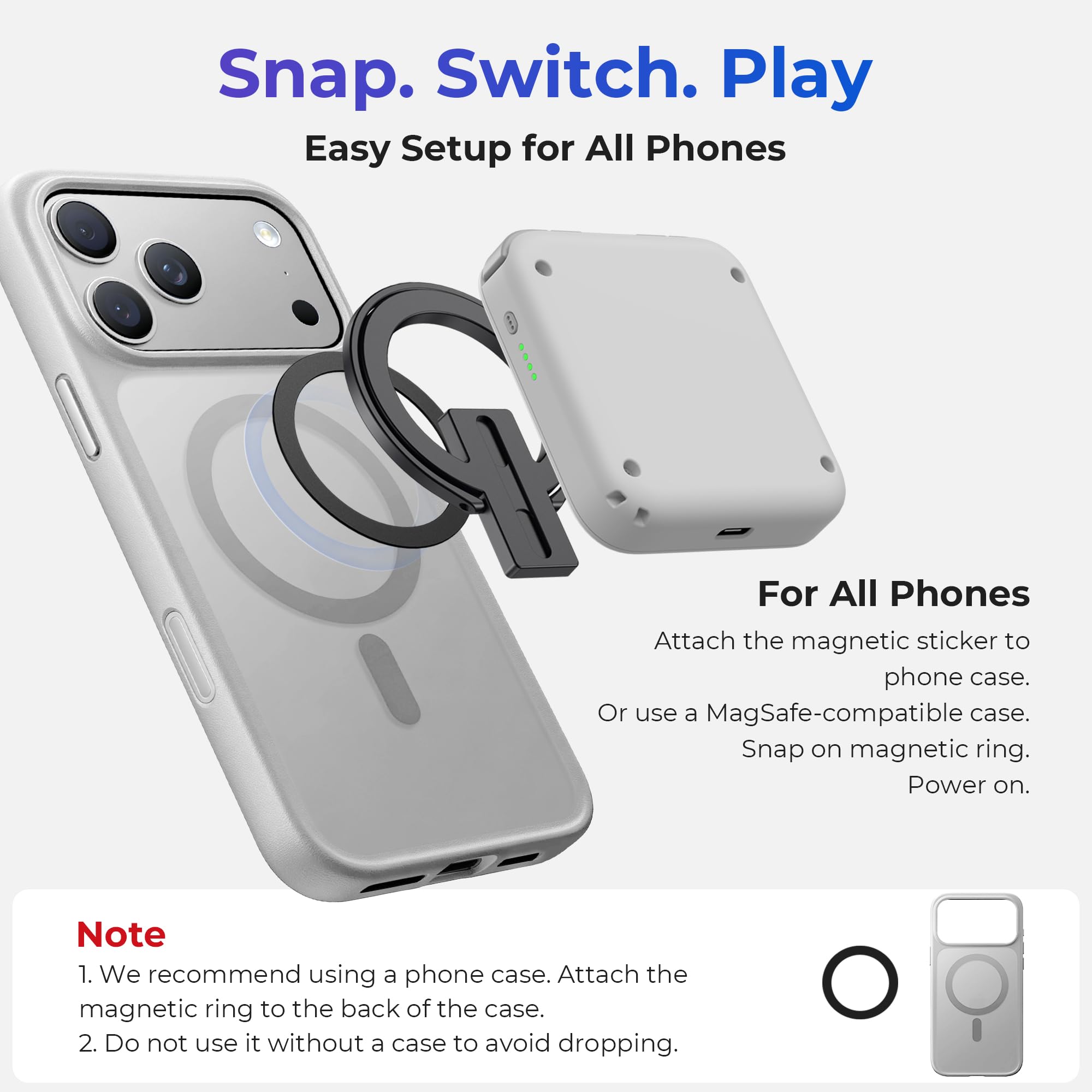 M4 Magnetic Snap-On Mobile Gaming Controller | Portable Bluetooth Gamepad for Android, iPhone, Switch, Dual Joystick Turbo with Stand, Black Translucent