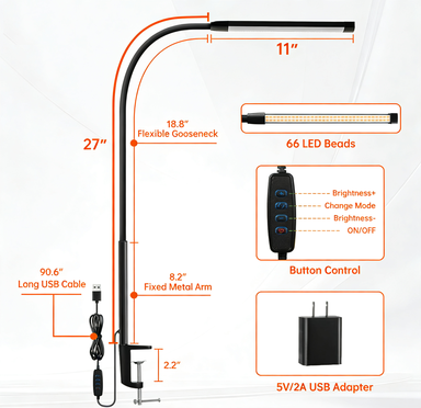 Clamp Lamp for Desk, Eye-Caring LED Clip Light, 27"Tall Flexible Arm, 3 Color Modes 10 Brightness, USB-Powered Task Lamp for Home Office Reading, Crafting, Sewing,5V/2A Adapter Included 