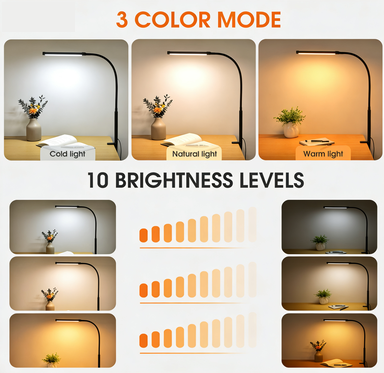 Clamp Lamp for Desk, Eye-Caring LED Clip Light, 27"Tall Flexible Arm, 3 Color Modes 10 Brightness, USB-Powered Task Lamp for Home Office Reading, Crafting, Sewing,5V/2A Adapter Included 