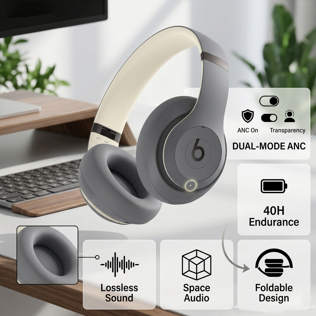 “Grey-White Dream” Noise Cancelling Headphones – Spatial Audio, 40H Playtime, Premium Matte Design, Lightweight Comfort Over-Ear Headset