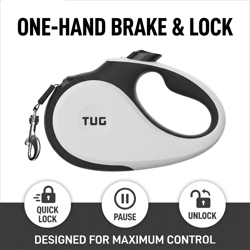 TUG 360° Tangle-Free Retractable Dog Leash with Anti-Slip Handle | 16 ft Strong Nylon Tape | One-Handed Brake, Pause, Lock
