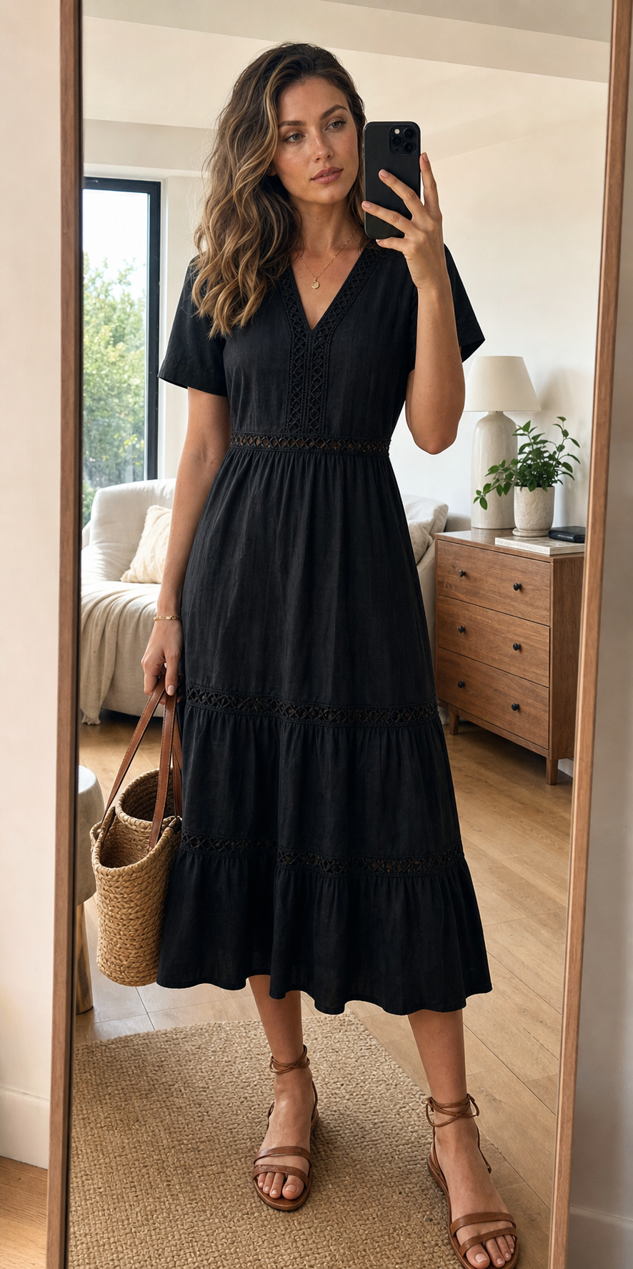 Mirror selfie styling reference in Black V-neck lace trim tiered dress