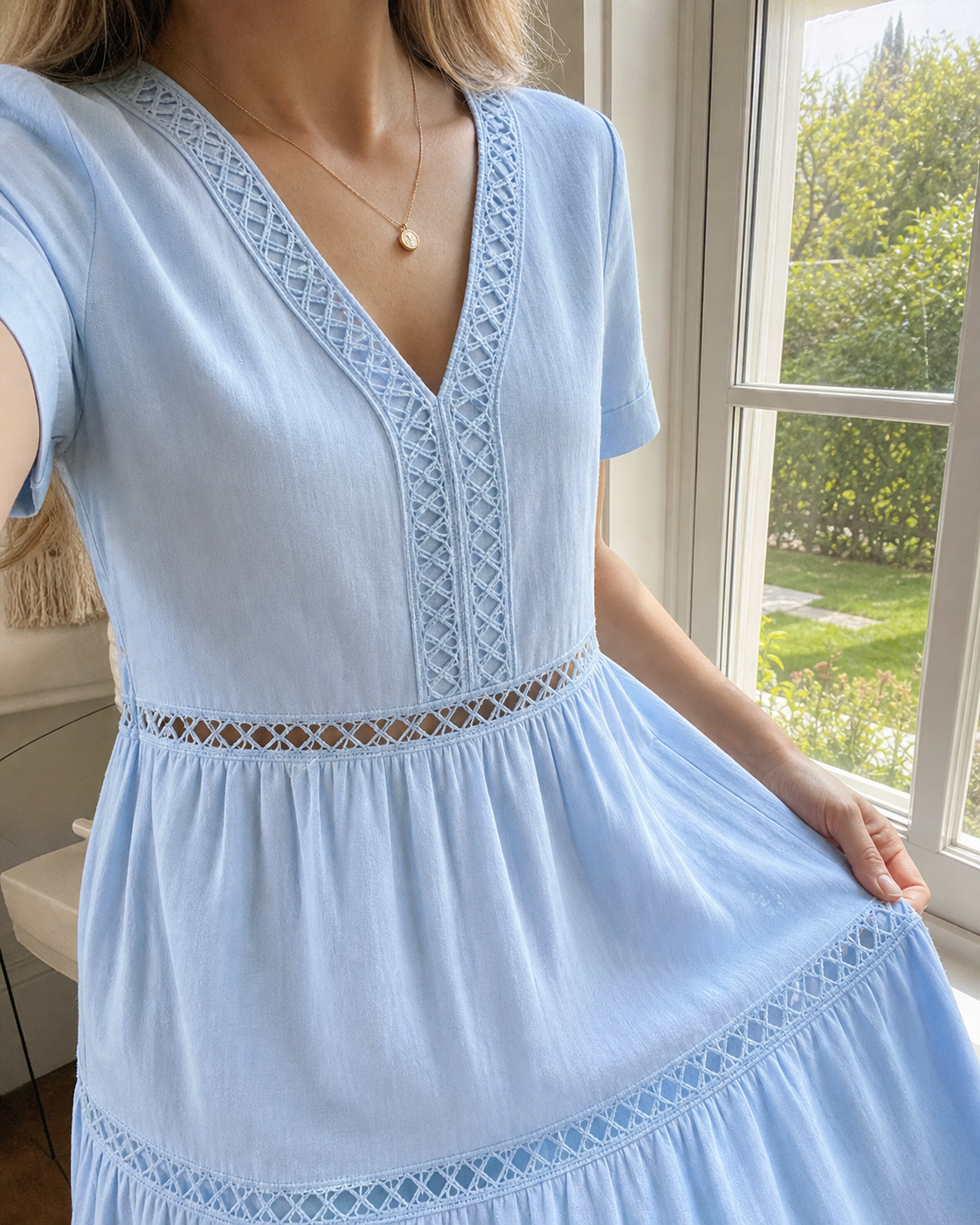 Detail close-up styling reference in Light blue V-neck lace trim tiered dress