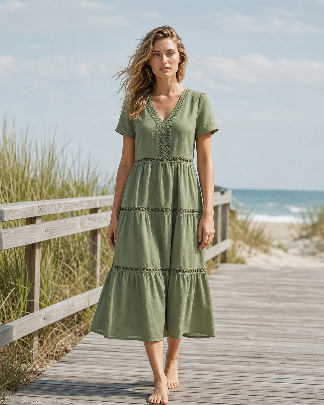 Coastal walk styling reference in Green V-neck lace trim tiered dress