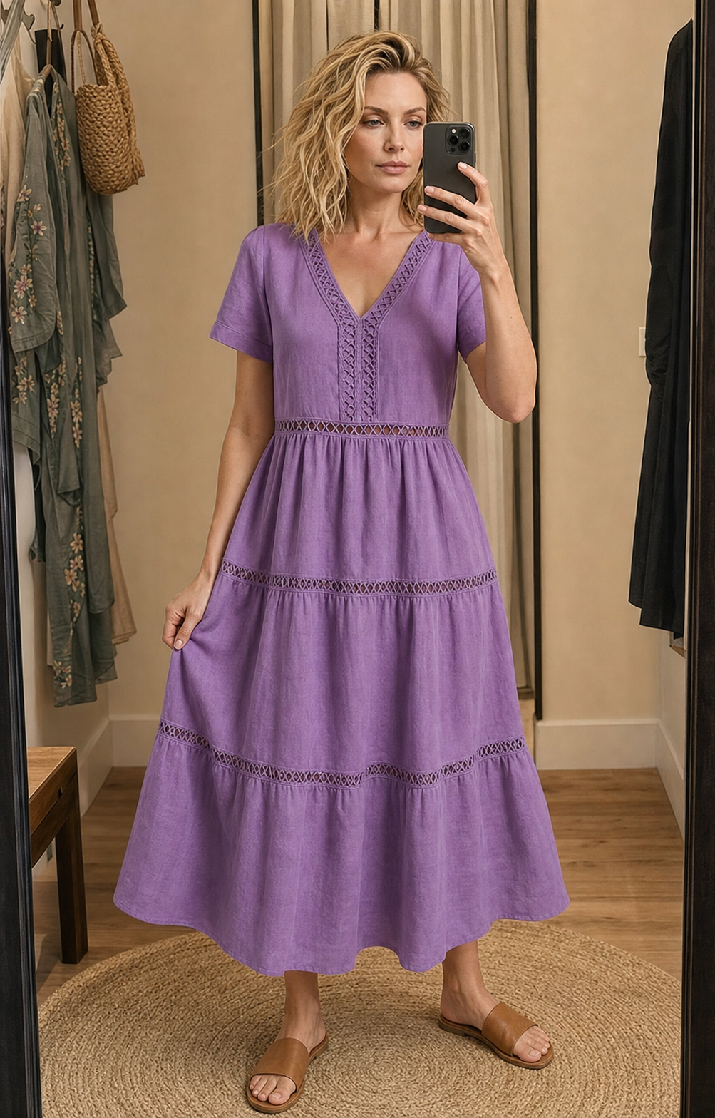 Fitting room mirror styling reference in Purple V-neck lace trim tiered dress