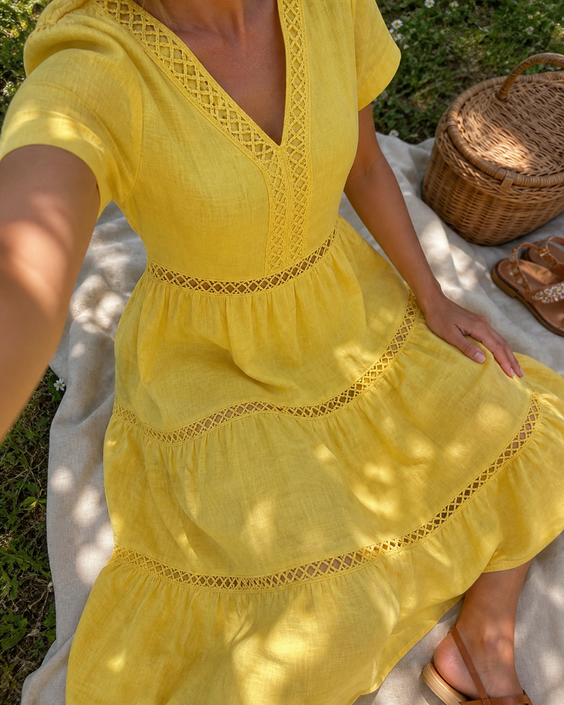 Picnic view styling reference in Yellow V-neck lace trim tiered dress
