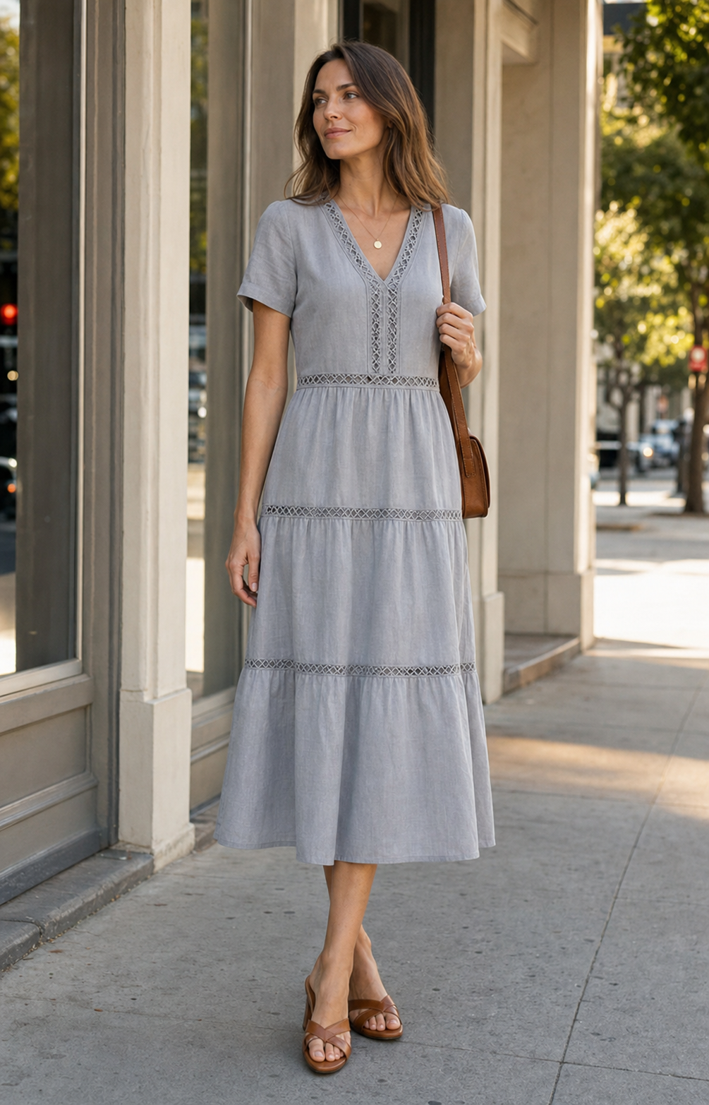 City day out styling reference in Grey V-neck lace trim tiered dress