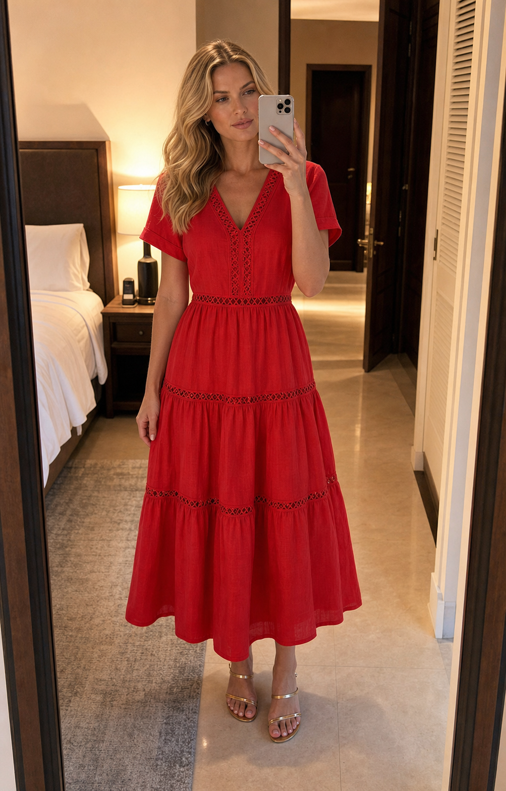 Hotel mirror styling reference in Red V-neck lace trim tiered dress