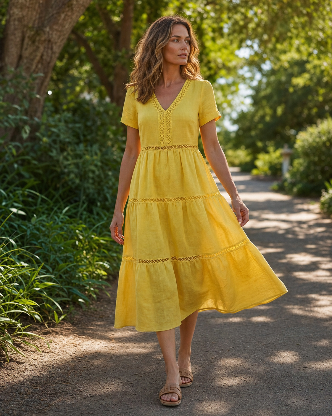 Summer park styling reference in Yellow V-neck lace trim tiered dress