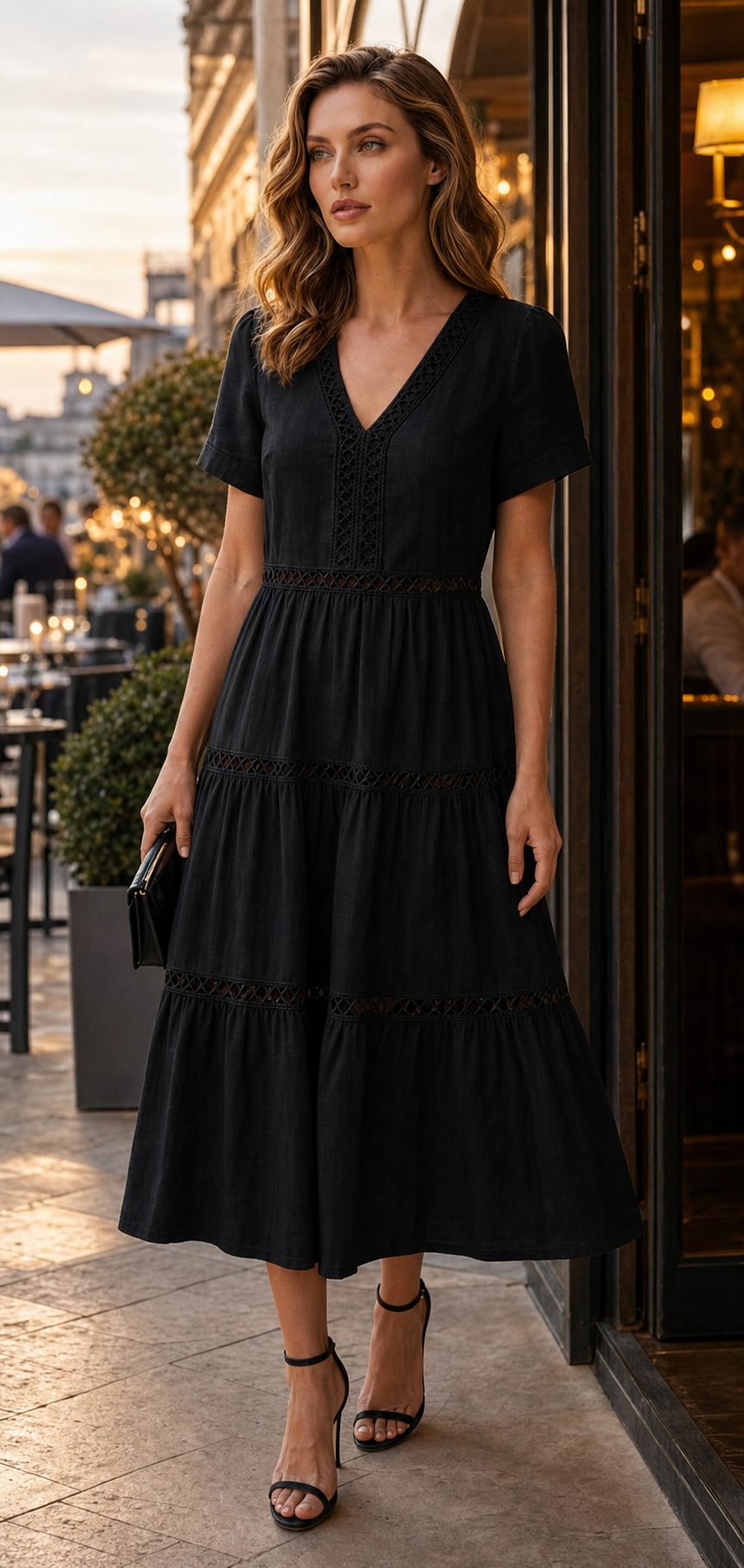 Evening dinner styling for black V-neck lace trim tiered dress