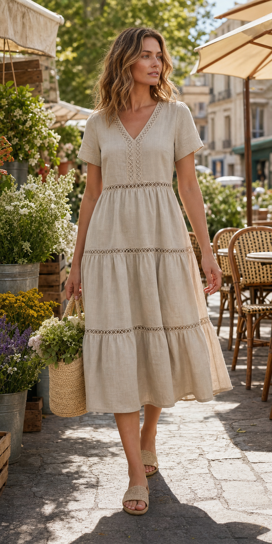 Weekend market styling for V-neck lace trim tiered dress