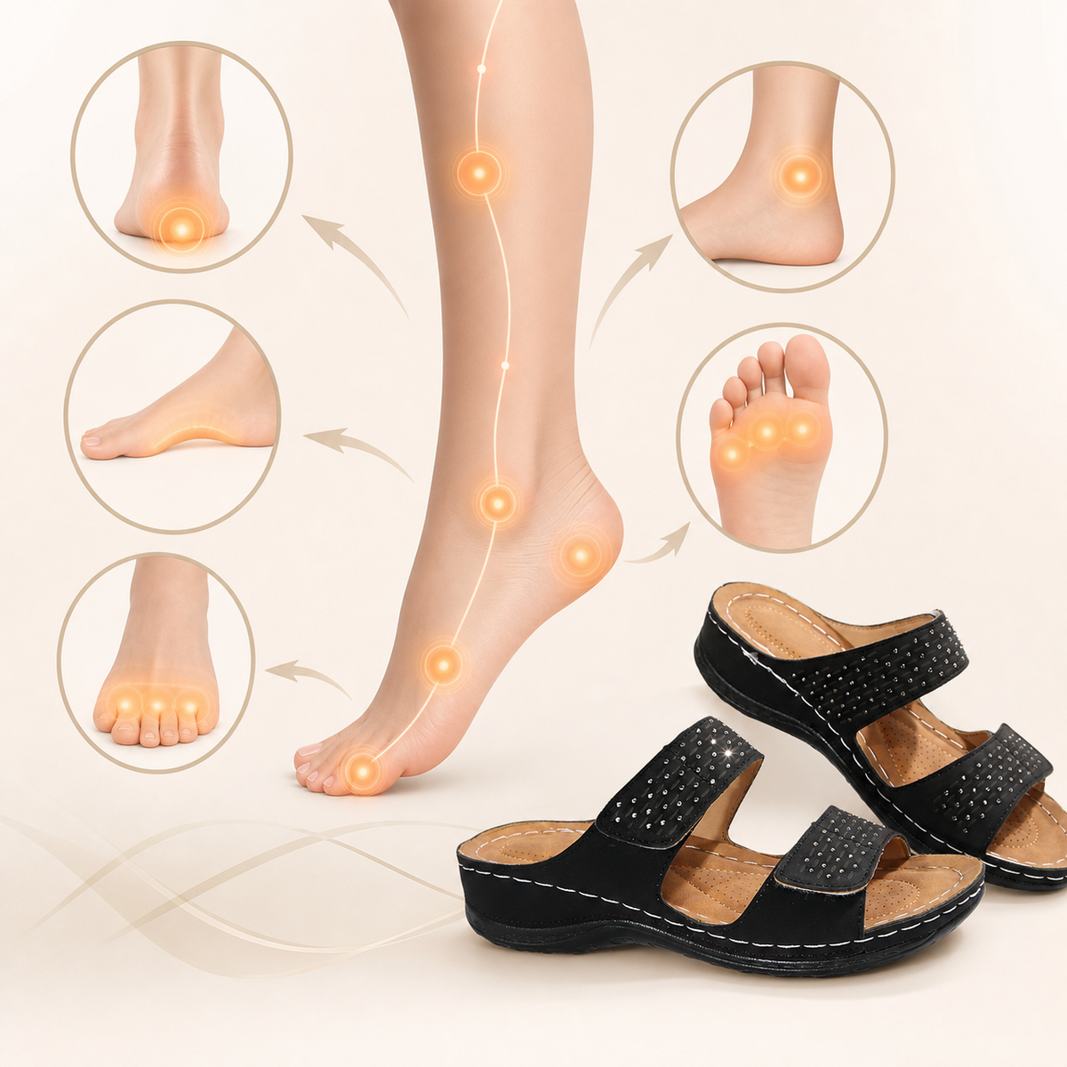 European women's foot pressure point visual with comfort sandals
