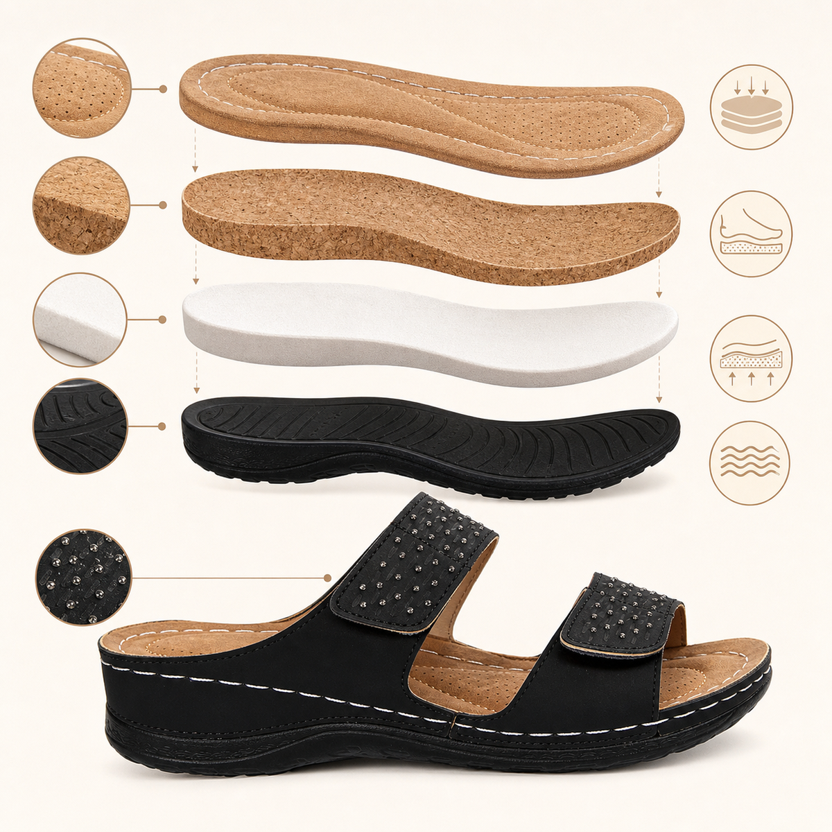 Soft cork-feel footbed and sandal sole layer construction
