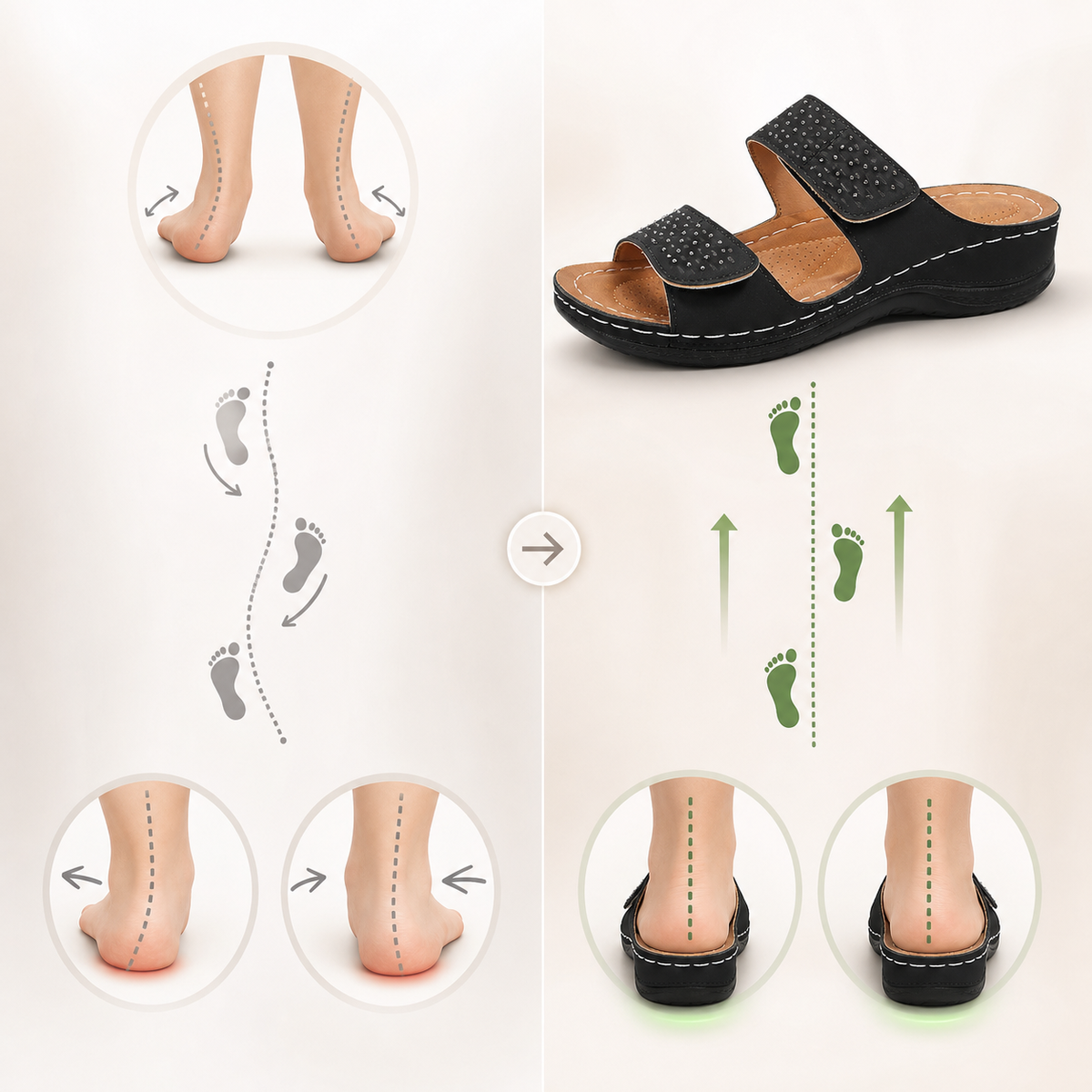 Gait correction path support visual for comfort wedge sandals