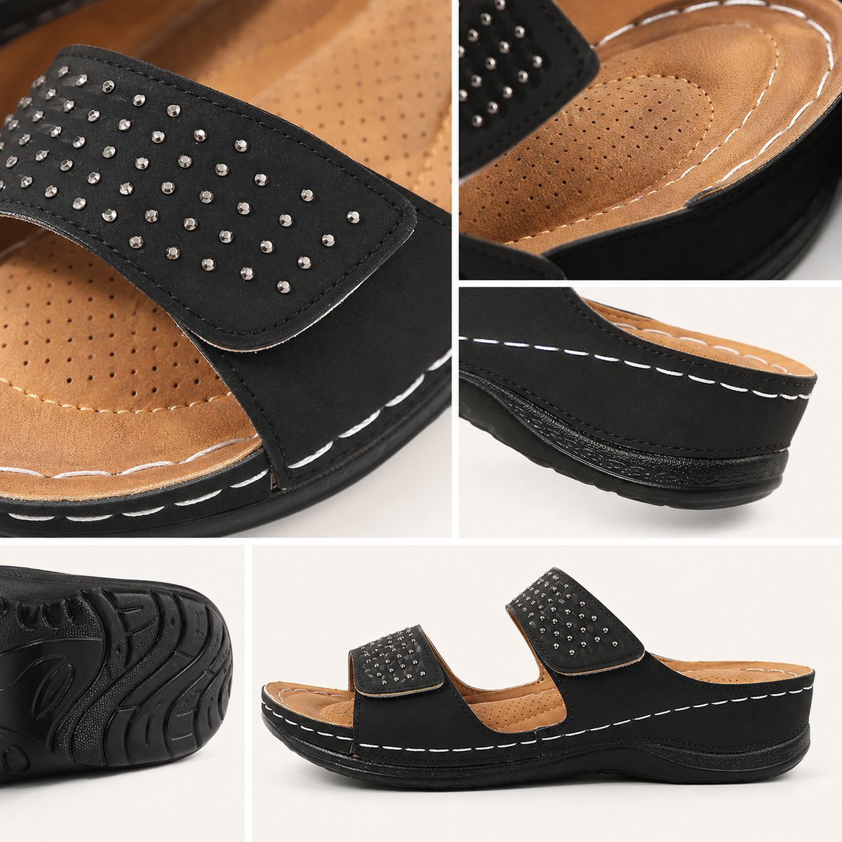 Material details of rhinestone straps tan footbed stitching and traction outsole