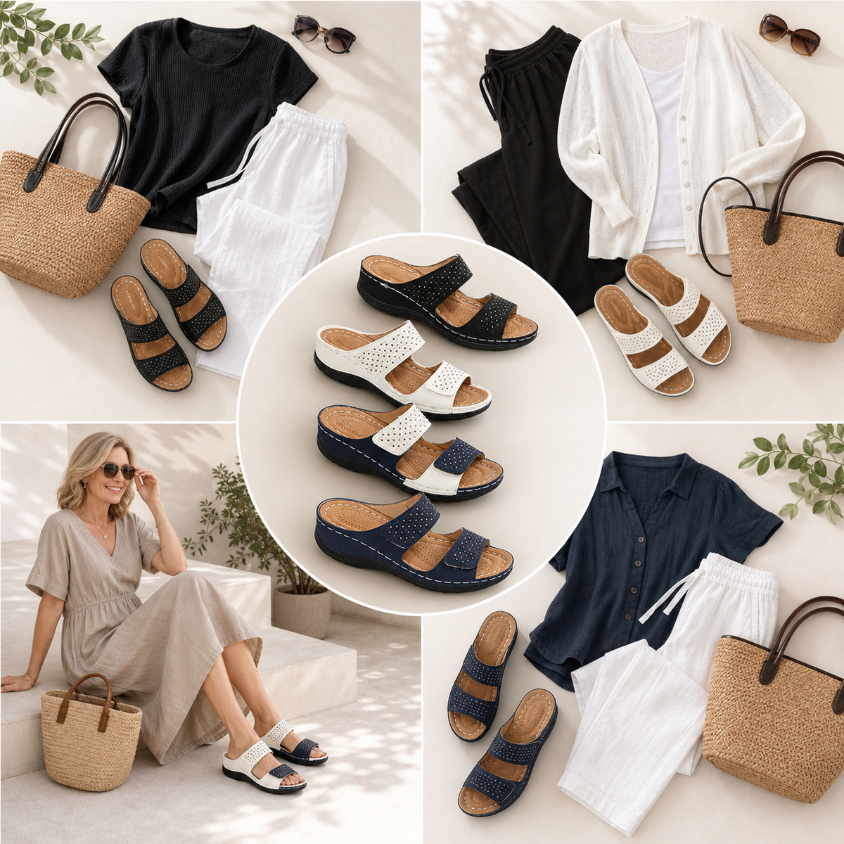 Outfit pairing ideas for rhinestone comfort wedge sandals