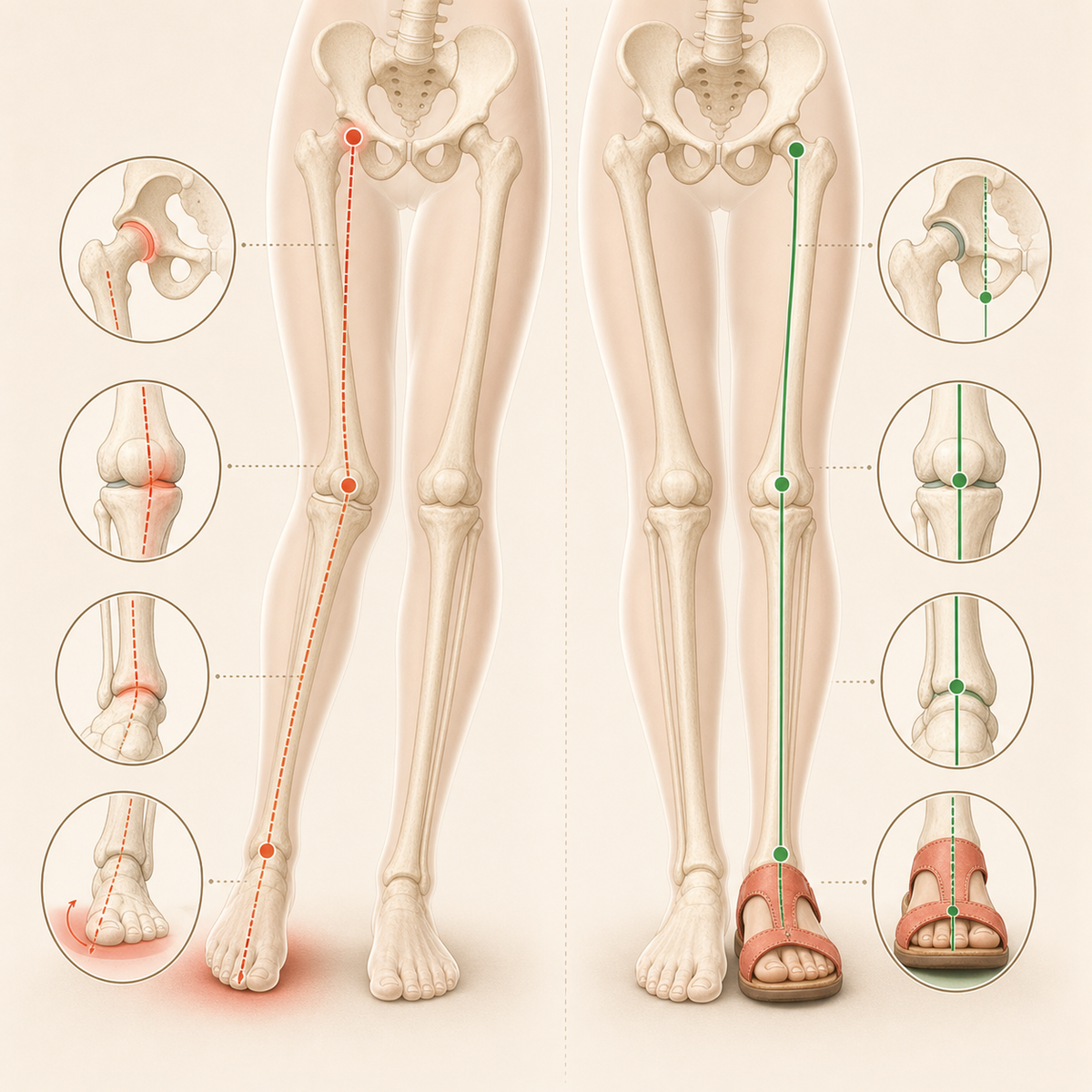 Incorrect foot placement effect on foot ankle knee leg and hip alignment