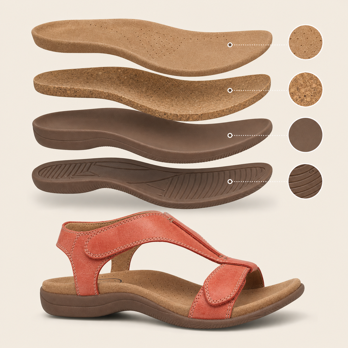 Soft cork-feel footbed and sole layer construction diagram